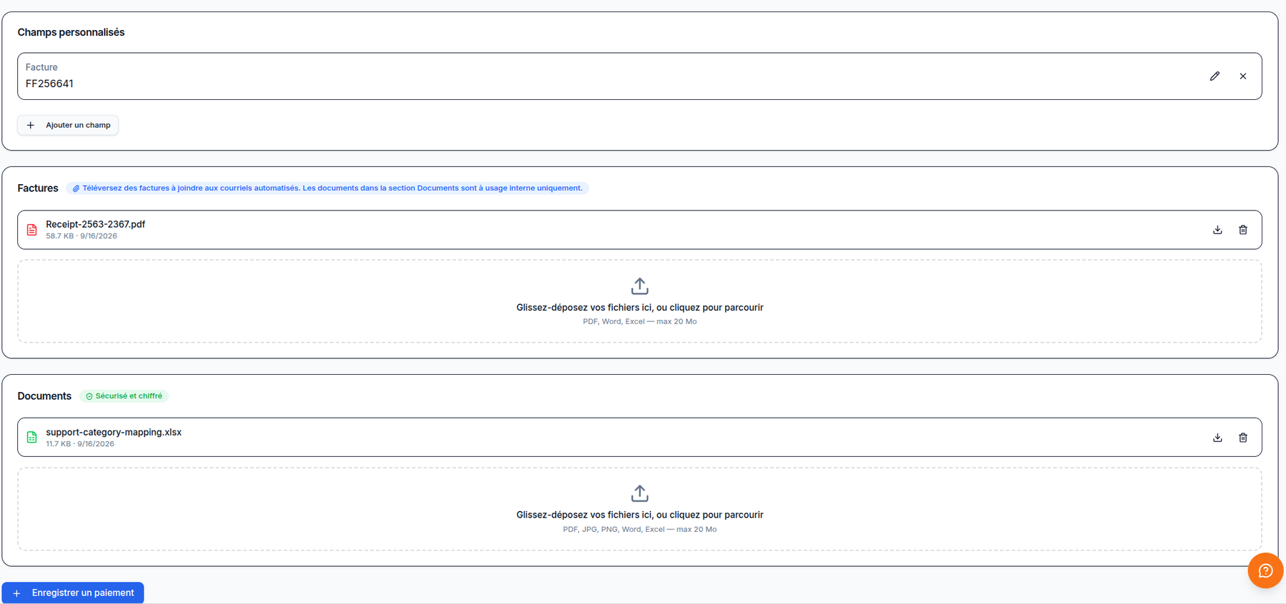 Fiche client Paymely : champs personnalisés, factures jointes et documents